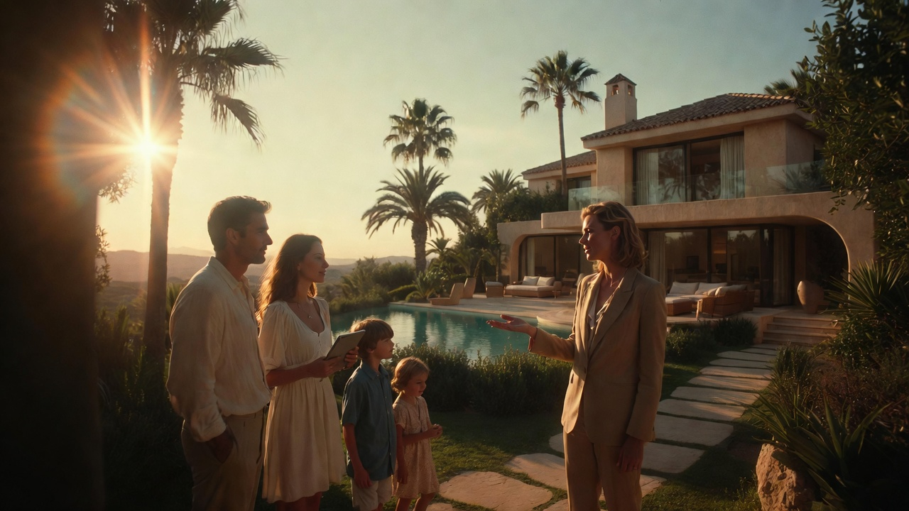 Property agent showing a luxury Marbella villa to buyers at golden hour