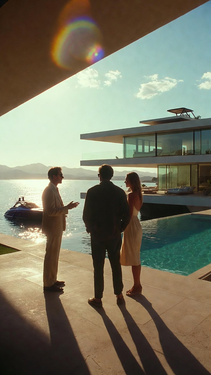 Agent meeting clients at a waterfront luxury property